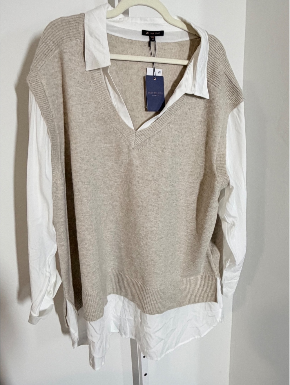 NWT Skies Are Blue Beige V-Neck Sweater Vest with White Shirt Detail, Size Large